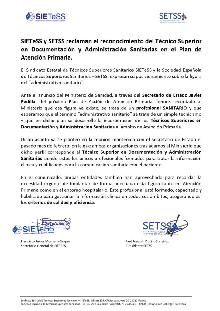 Lee más sobre el artículo SIETeSS y SETSS reclaman el reconocimiento del Técnico Superior en Documentación y Administración Sanitarias en el Plan de Atención Primaria.