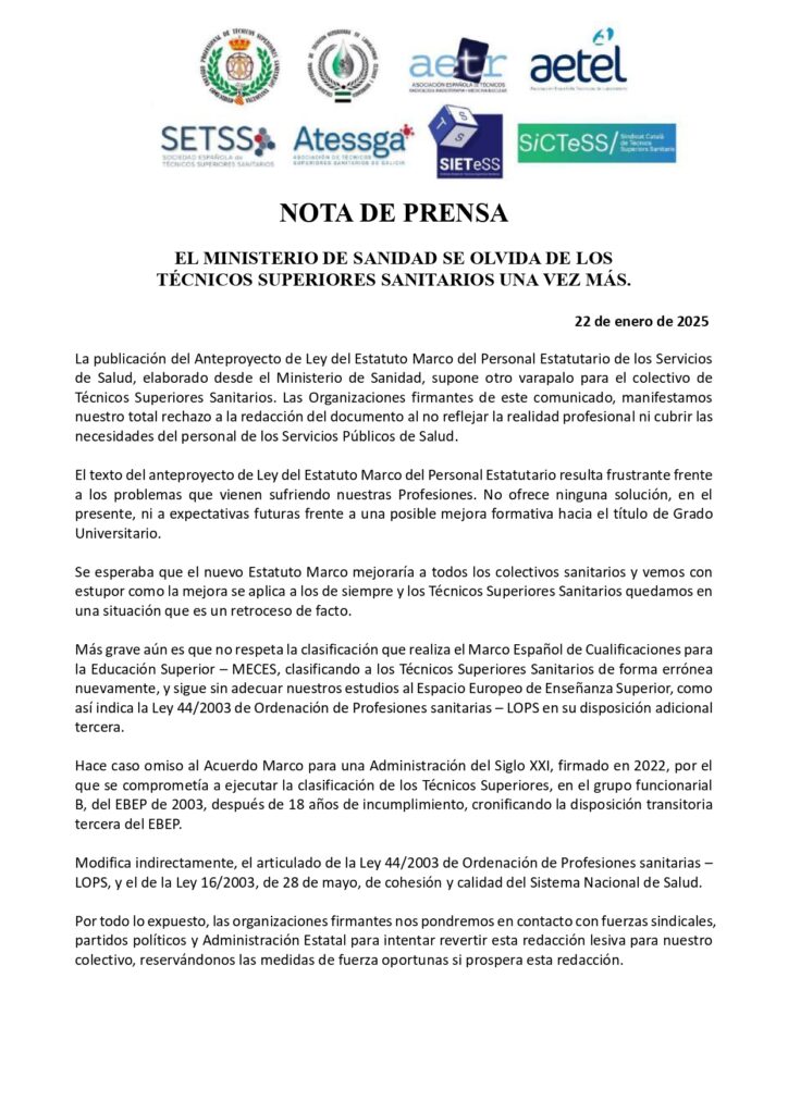 Lee más sobre el artículo EL MINISTERIO DE SANIDAD SE OLVIDA DE LOS TÉCNICOS SUPERIORES SANITARIOS UNA VEZ MÁS