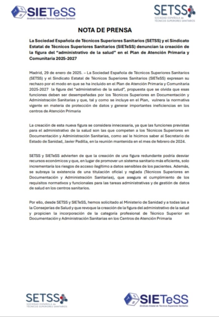 Lee más sobre el artículo La Sociedad Española de Técnicos Superiores Sanitarios (SETSS) y el Sindicato Estatal de Técnicos Superiores Sanitarios (SIETeSS) denuncian la creación de la figura del “administrativo de la salud”